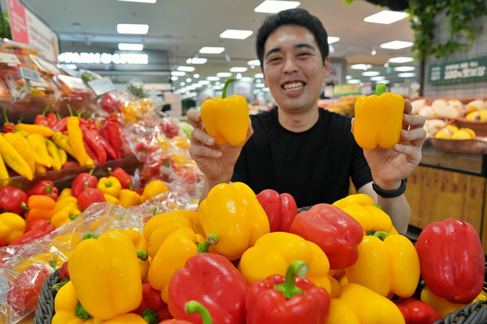 롯데마트 관계자가 서울시 송파구에 위치한 롯데마트 제타플렉스 잠실점 채소코너에서 상생 파프리카를 홍보하고 있다. 2025.7.9./사진=롯데쇼핑