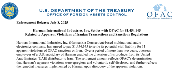 삼성전자 오디오·전장 부문 자회사 하만에 대한 미국 재무부 해외자산통제국의 민사 처벌 내용./사진=해외자산통제국 홈페이지 캡처.