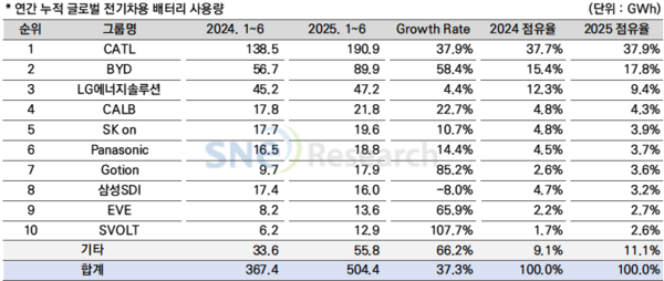 2025년 1~6월 그룹별 글로벌 전기차용 배터리 사용량./사진=SNE리서치
