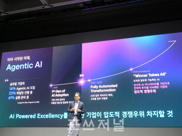 진요한 LG CNS AI센터장(상무)이 2025년 8월 25일 서울 강서구 마곡 LG사이언스파크 컨버전스홀에서 개최된 LG CNS 'AX(인공지능 전환) 미디어데이'에서 'AX 전략'을 주제로 발표하고 있다. /사진=강민혁 기자.