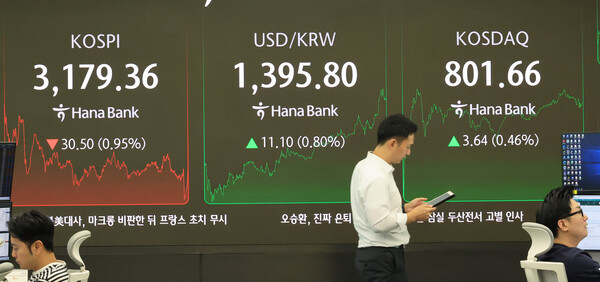 2025년 8월 26일 서울 중구 하나은행 본점에서 직원들이 증시와 환율을 모니터하고 있다./사진=연합뉴스