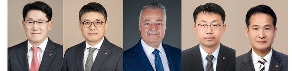 (왼쪽부터) 한화/글로벌 류두형, 한화엔진 김종서, 한화파워시스템 파리발타, 한화호텔앤리조트 리조트부문 최석진, 한화호텔앤리조트 에스테이트부문 김경수 대표이사 내정자./한화