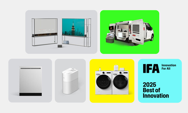 LG전자가 2025년 9월 5일(현지시간) 독일 베를린에서 열린 IFA 2025 이노베이션 어워드에서 최고상을 비롯해 총 17개 상을 받았다. 사진은 시계 방향으로 ▲베스트 오브 IFA 및 홈엔터테인먼트 부문 최우수상을 받은 LG 시그니처 올레드 T ▲모빌리티 부문 최우수상을 받은 슈필라움 ▲가전 부문 최우수상을 받은 AI 기능 식기세척기와 미세 플라스틱 필터 ▲접근성 부문 최우수상으로 선정된 LG 컴포트 키트./LG전자