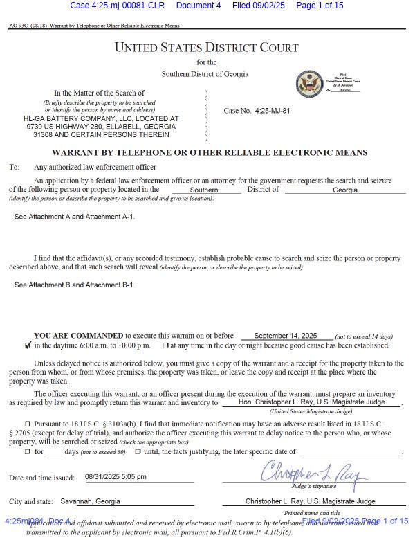 미국 조지아남부연방지방법원 크리스토퍼 레이 치안판사가  8월31일 발부한 HL-GA배터리에 대한 압수수색영장(사건번호 4:25-mj-00081-CLR) 일부.