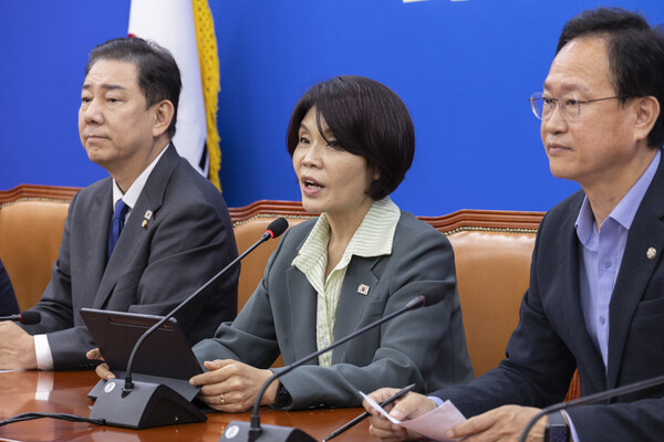 한정애 더불어민주당 정책위의장이 2025년 9월 25일 국회에서 열린 정책조정회의에서 발언하고 있다./사진=연합뉴스