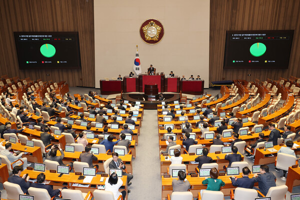 26일 서울 여의도 국회 본회의에서 정부조직법 일부개정법률안에 대한 수정안이 통과되고 있다. 2025.9.26/연합