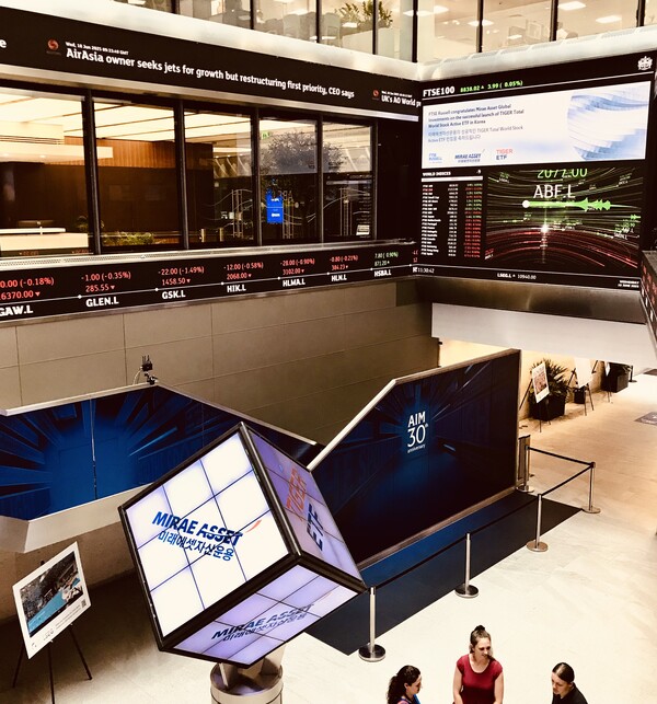 2025년 6월 영국 런던거래소에 게재된 ‘TIGER 토탈월드스탁액티브 ETF’ 신규 출시 기념 사진. /사진=미래에셋자산운용