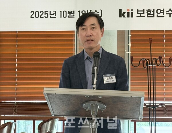 2025년 10월 1일 서울 여의도에서 개최된 취임 1주년 기자간담회에서 하태경 보험연수원장이 발언하고 있다./사진=박소연 기자