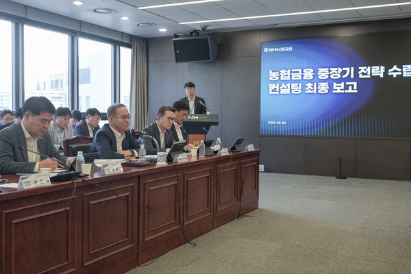 2025년 9월 29일 개최된 '농협금융 중장기 전략 수립' 컨설팅 최종 보고회에서 이찬우 NH농협금융지주 회장이 생산적금융의 중요성을 강조하고 있다./사진=NH농협금융