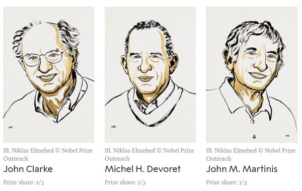 2025년 노벨 물리학상 수장자 (왼쪽부터)존 클라크(John Clarke), 미셸 드보레(Michel H. Devoret), 존 마르티니스(John M. Martinis)./노벨위원회