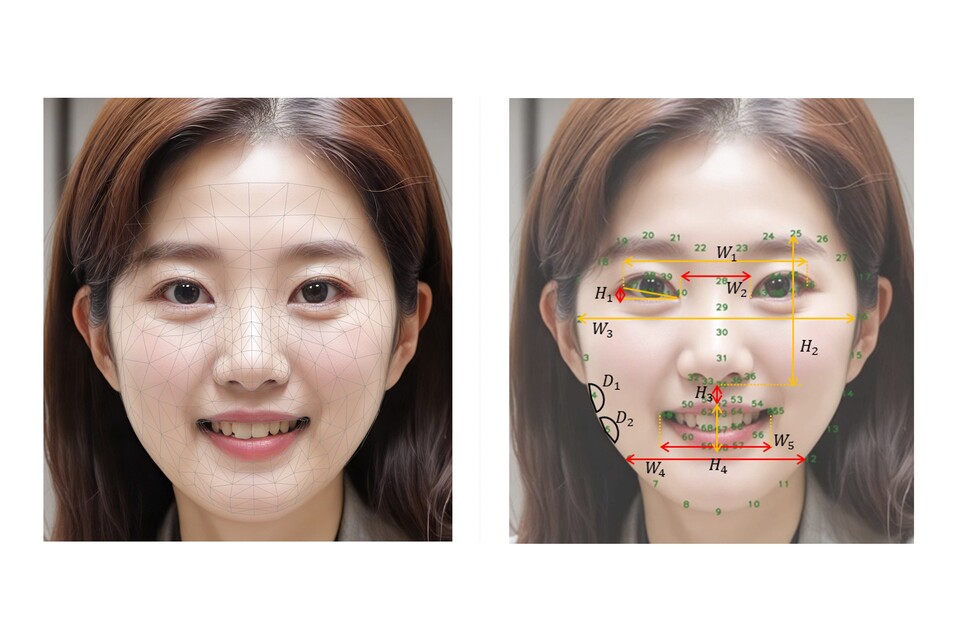 안면 특징점 추출 기술 적용 예시(좌), 얼굴 부위별 6가지 노화 지표 정의 예시(우). 2025.10.16./사진=LG생활건강