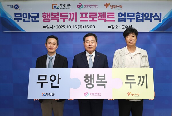 2025년 10월 16일 무안군청에서 진행된 ‘행복두끼 프로젝트’ 협약식에서 (왼쪽부터)조민영 행복얼라이언스 사무국 본부장, 김산 무안군수, 최준 행복도시락사회적협동조합 사무국장이 기념 촬영을 하고 있다./사진=행복얼라이언스