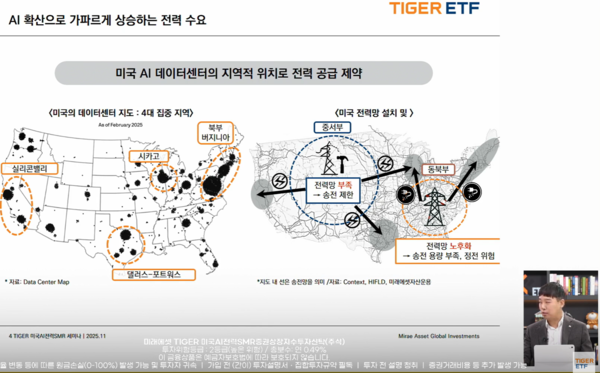 김남호 미래에셋자산운용 글로벌ETF운용본부장이 2025년 11월 3일 오전 유튜브에서 진행된 'TIGER 미국AI전력SMR ETF 신규 상장! 오클로&뉴스케일파워에 최대 비중 SMR 끝판왕 ETF 등장!' 웹세미나에서 신규 상장 ETF에 대해 설명하고 있다. /미래에셋자산운용 유튜브