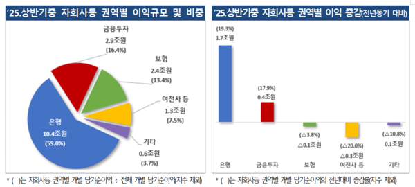 2025년 상반기중 자회사등 권역별 이익규모 및 비중, 이익 증감/금융감독원