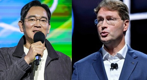 이재용 삼성전자 회장(왼쪽)과 올라 칼레니우스 메르세데스-벤츠 회장. 삼성전자는 이재용 회장이 2025년 11월 13일 저녁 서울 한남동 승지원에서 올라 칼레니우스 메르세데스-벤츠 회장과 만찬을 함께 하며 전장 부품 등 미래 모빌리티 기술 관련 협력 방안을 논의했다고 밝혔다.