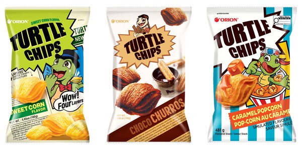 (왼쪽부터)오리온 꼬북칩 콘스프맛, 초코츄러스맛, 카라멜팝콘맛 제품 이미지. 2025.11.20./사진=오리온