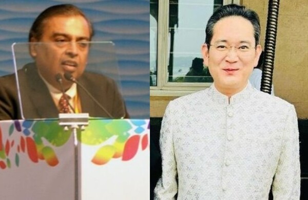 이재용 삼성전자 회장이 2025년 11월 25일 무케시 암바니 릴라이언스 인더스트리 회장을 만나 반도체·통신·인공지능(AI)·데이터센터·배터리 등 신사업 분야에 대한 협력 확대 방안을 논의했다.릴라이언스 암바니 회장(왼쪽)과 이재용 삼성전자 회장.