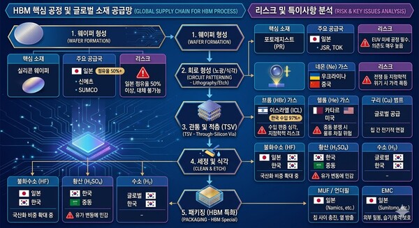 HBM(고대역폭 메모리) 제조 공정별 핵심 소재 및 글로벌 공급망(SCM) 현황 분석도. /이미지=2026.3.13.구글 제미나이(Google Gemini) AI생성